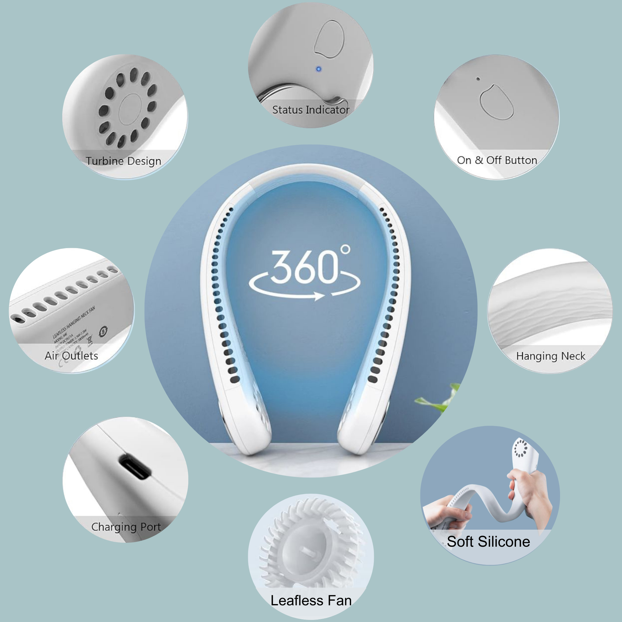 Mini Portable Neck Fan, 3-Speed, USB Rechargeable, Quiet, Long Battery Life.