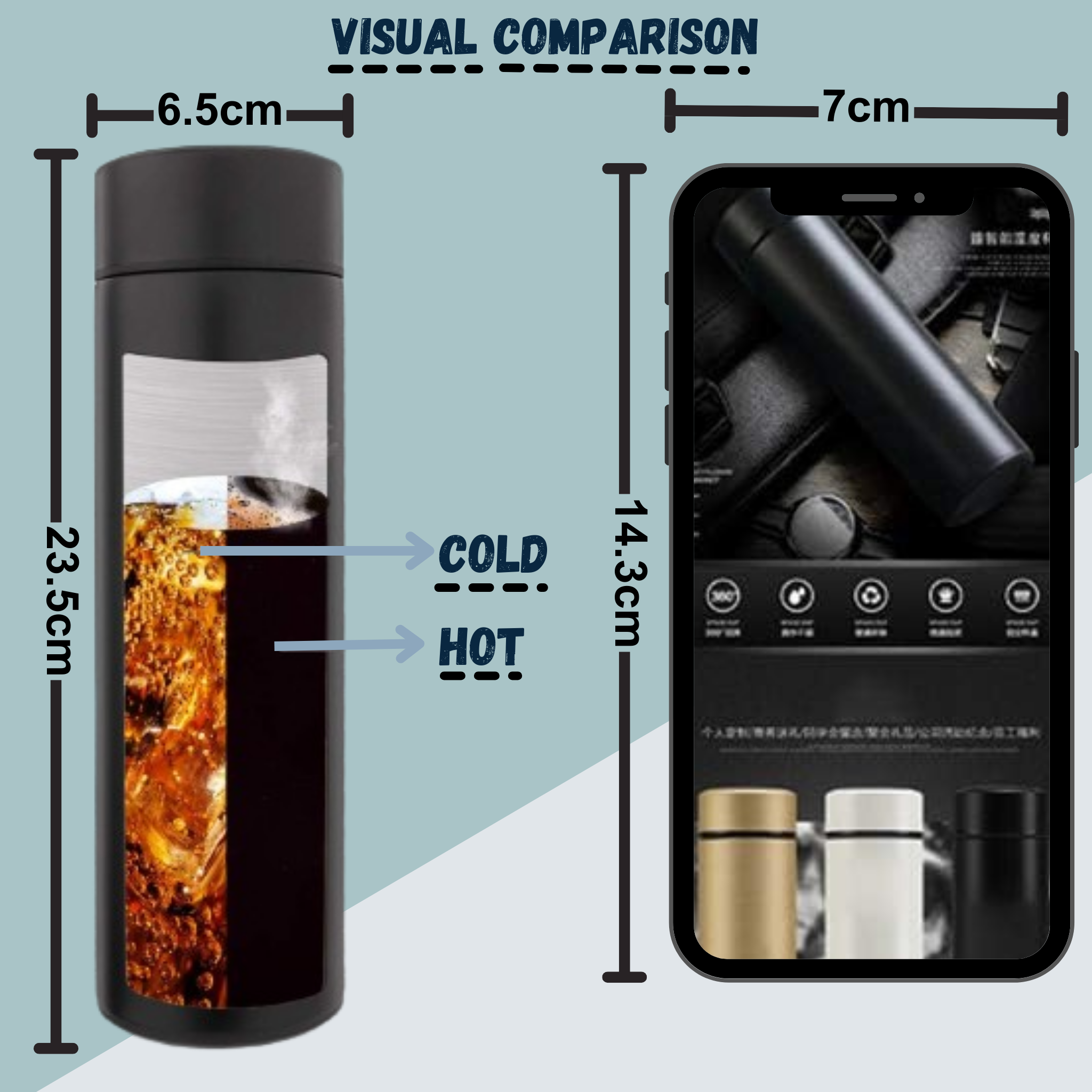 LED Temperature Display Insulated Water Bottle, Stainless Steel, Leak-Proof, Hot & Cold 12H.