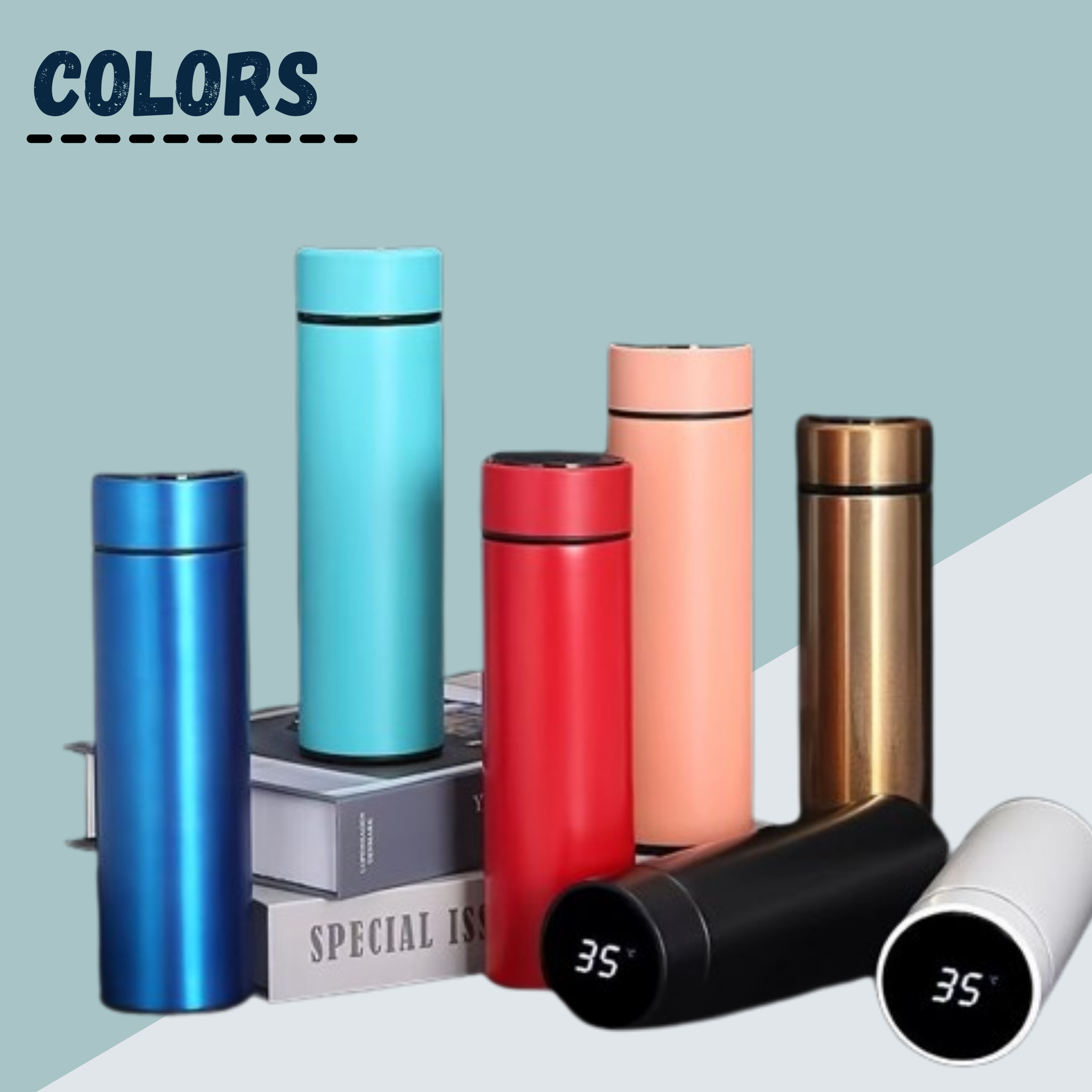 LED Temperature Display Insulated Water Bottle, Stainless Steel, Leak-Proof, Hot & Cold 12H.