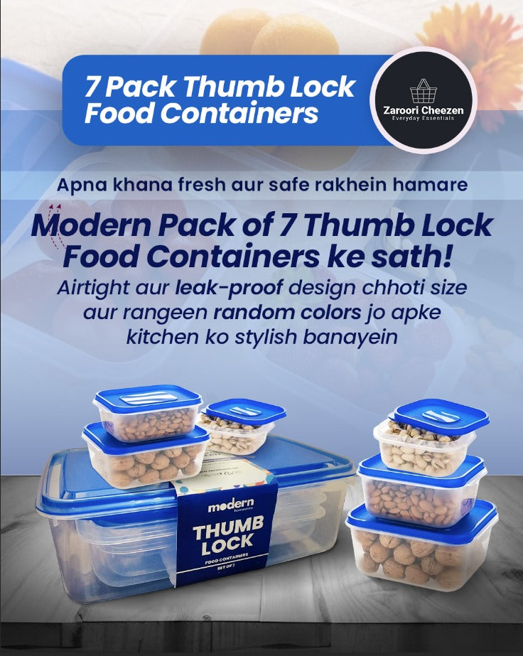 Modern Pack of 7 Small-Sized Thumb Lock Food Keeper Containers (Random Colors)